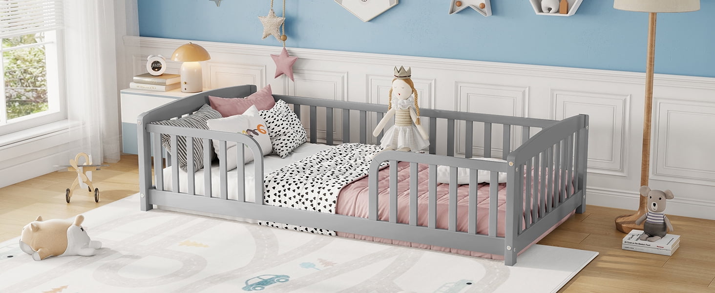 Mintazer Twin Size Toddler Floor Bed with Guardrails & Central Entrance, Grey