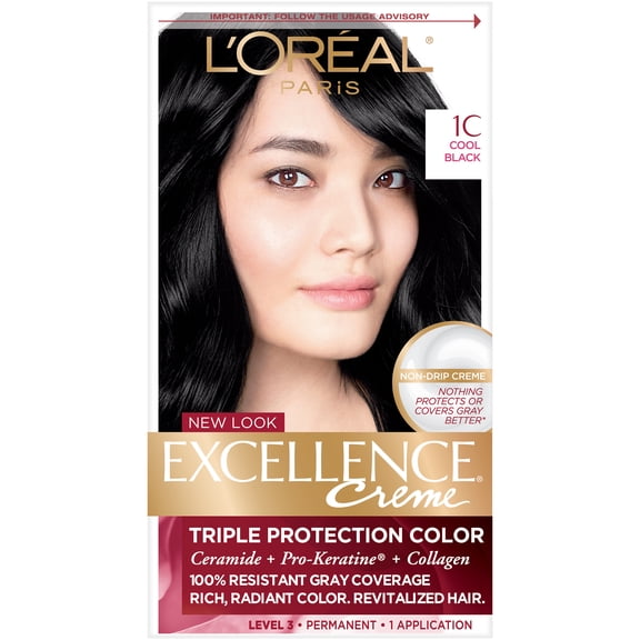 L'Oreal Paris Excellence Creme Permanent Triple Protection Hair Color, 1C Cool Black, 1 Kit