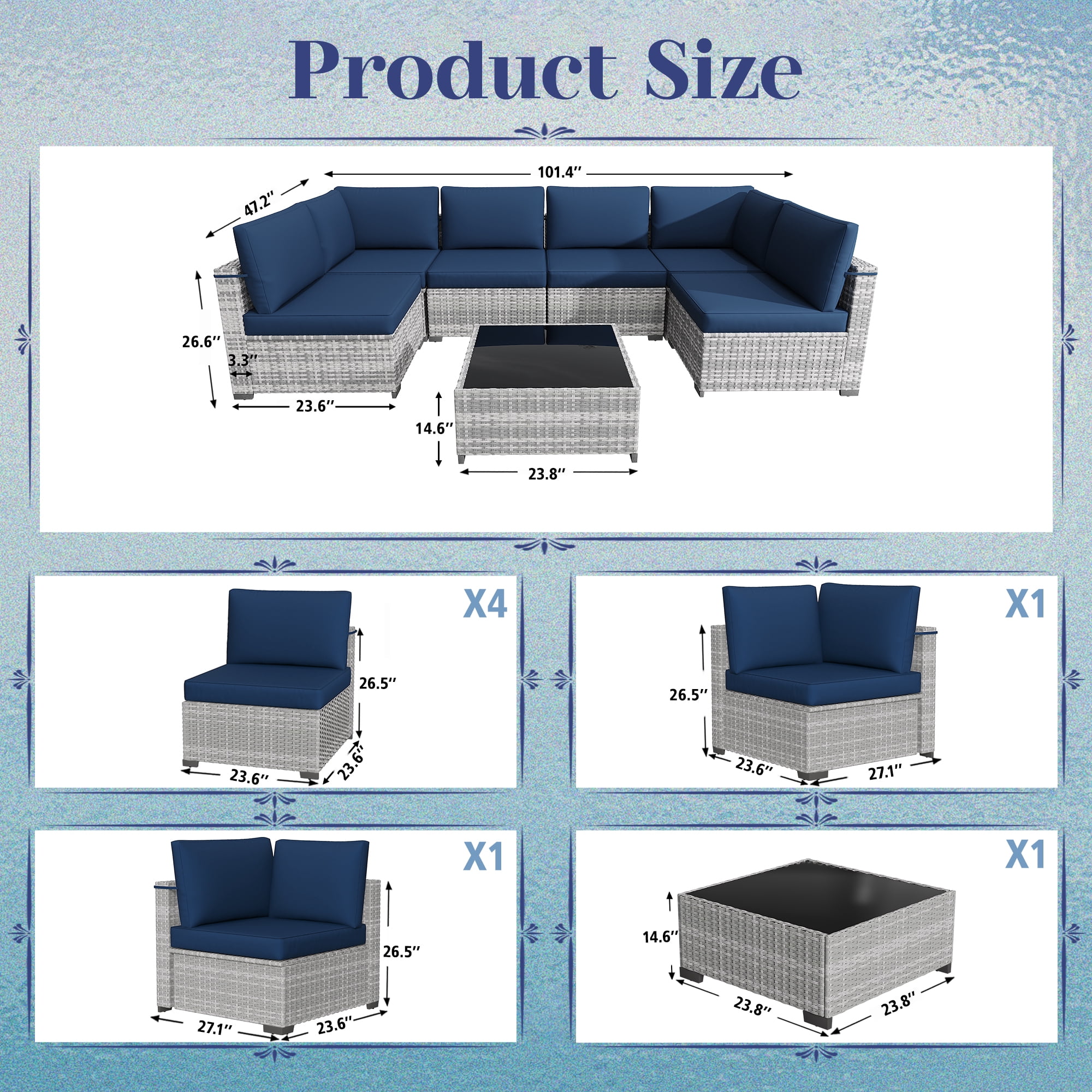 KIGOTY 7 Piece Outdoor Patio Furniture, Wicker Rattan Outdoor Conversation Set Sectional Sofas for Backyard, Garden, Gray-white Navy blue