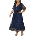 thumbnail image 4 of Agnes Orinda Women's Plus Size Wedding Guest Dress Sequin Printed Pattern Wrap V Neck Short Sleeve Cocktail Party Prom Long Dresses with Tie Waist 1X Navy Blue, 4 of 6