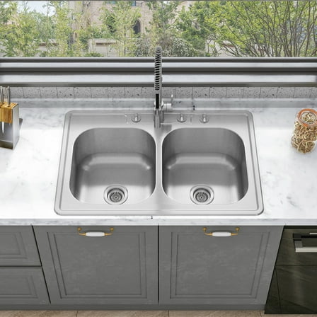 Sinber 33" x 22" x 9" Drop In Double Bowl Kitchen Sink with 18 Gauge 304 Stainless Steel Satin Finish MT3322D-OL (Sink Only)
