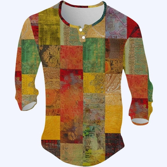 Fanxing Mens Novelty Christmas Gifts Mens Henley Shirts Casual Plaid Gradient Long Sleeve Shirts Loose Pullover Graphic Tee Shirts Fall Fashion 1/4 Buttons Tops