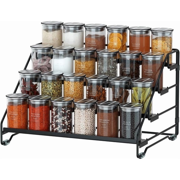 HBK 4-Tier Spice Rack Organizer for Cabinet, Adjustable Metal Seasoning Shelf for Pantry & Countertop Kitchen Storage, Black, 13 x 10 x 6.5 Inches