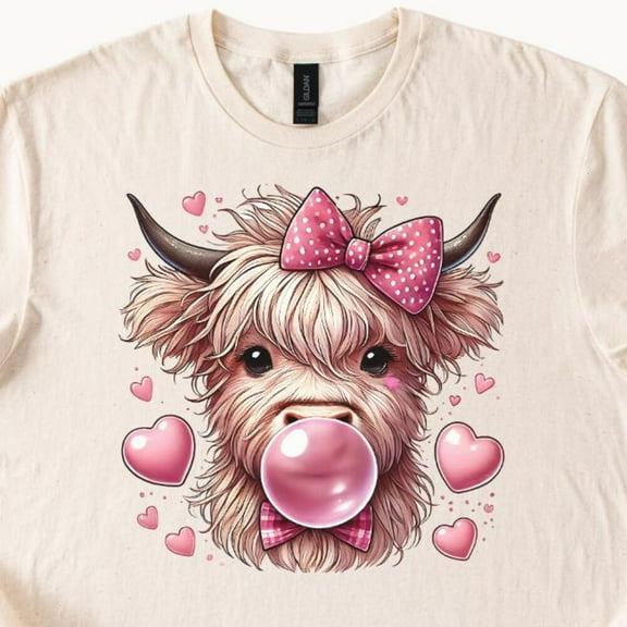 Kiraa Tee With Cute Highland Cow T-Shirt, Country Farm Life Adorable Bubblegum Graphic Shirt, Fun Animal Print, Unique Gift For Her Birthday Gifts; For Men & Women