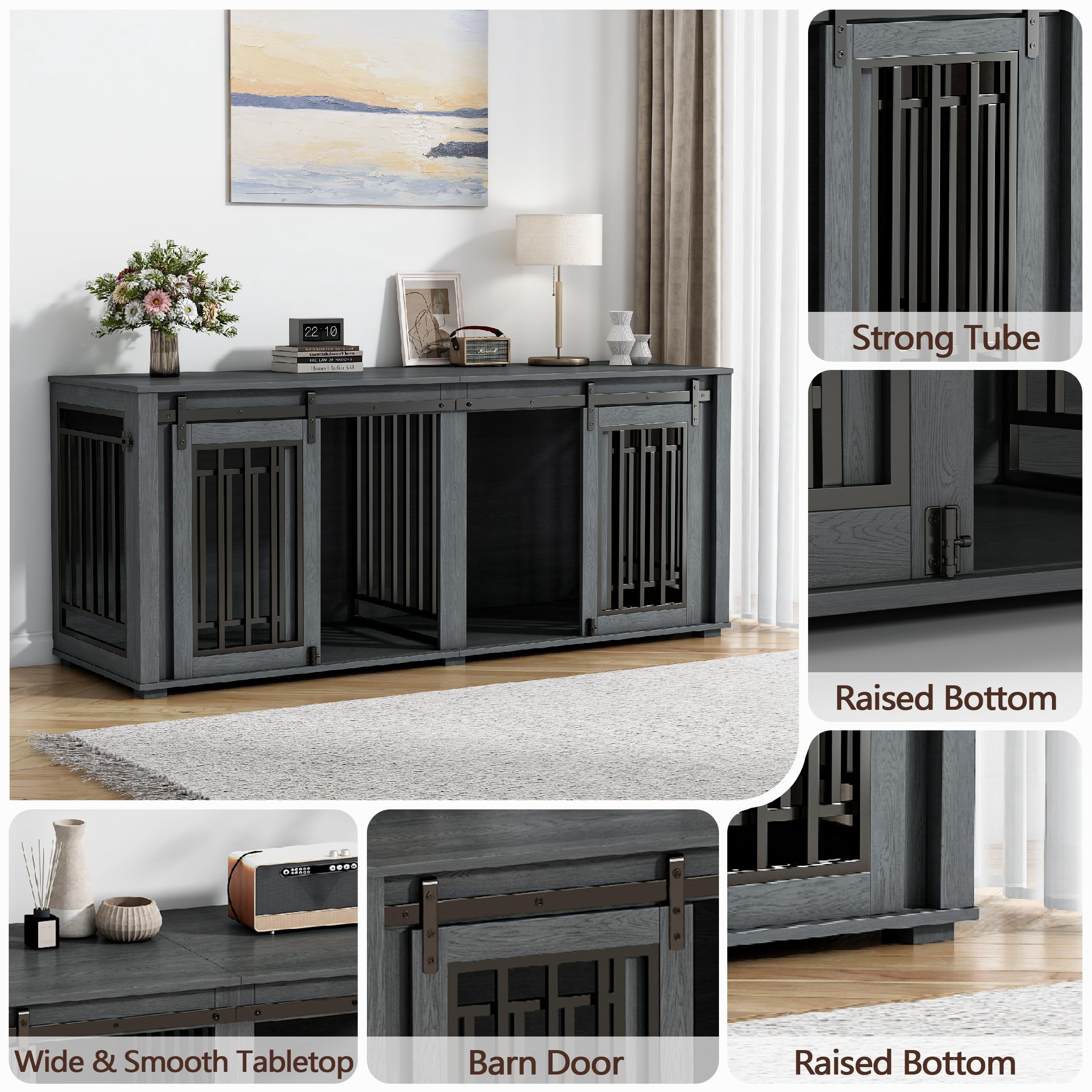 Dog Crate Furniture for 2 Dogs, Akaber 71" Large Dog Kennel Furniture, Steel Frame Dog Crate