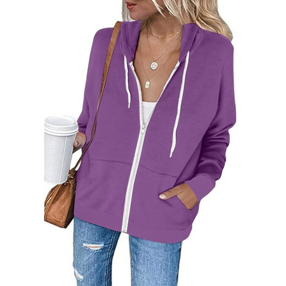 Meichang Lightweight Zip Up Hoodies for Women Basic Solid Long Sleeve Hooded Sweatshirts Thin Jacket with Zipper Purple L