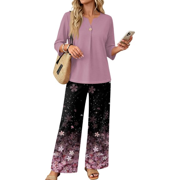 Womens 2 Piece Outfits Summer Outfits Wide Leg Long Pants Lounge Sets Airport Beach Vacation Clothes