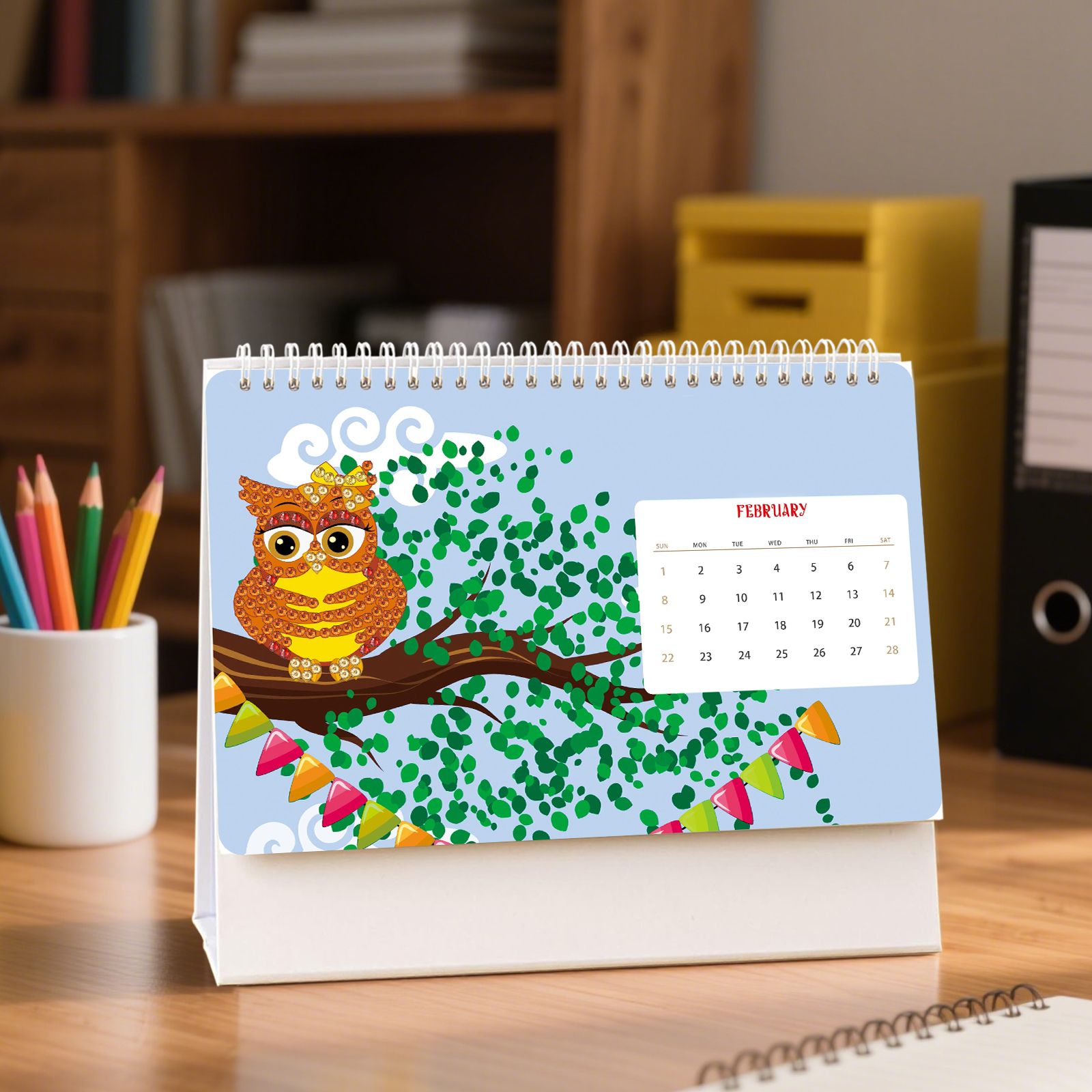 FLOPESN 2026 Desk Calendar DIY Diamond Painting Craft Kit, 7.68*6.69 in Paper Calendar with Special Drills for Home Office Decor-Colorful Owl