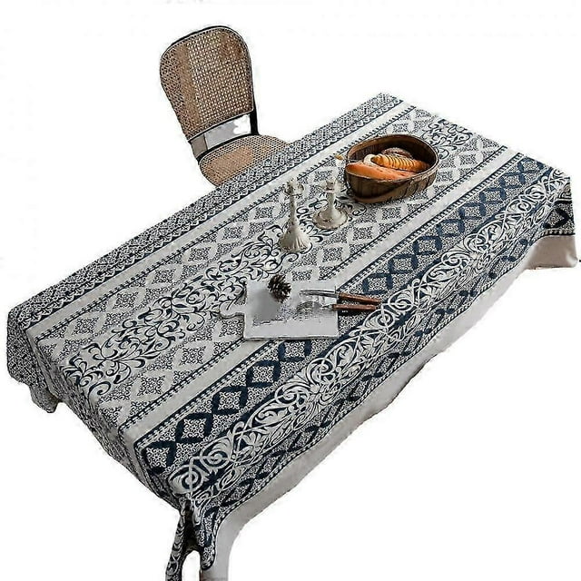 Tablecloth,100% Cotton and linen Boho Rectangle Tablecloth, Handblock Print Floral Table Cloth for Dining Table Parties, Wedding, Christmas, Outdoor