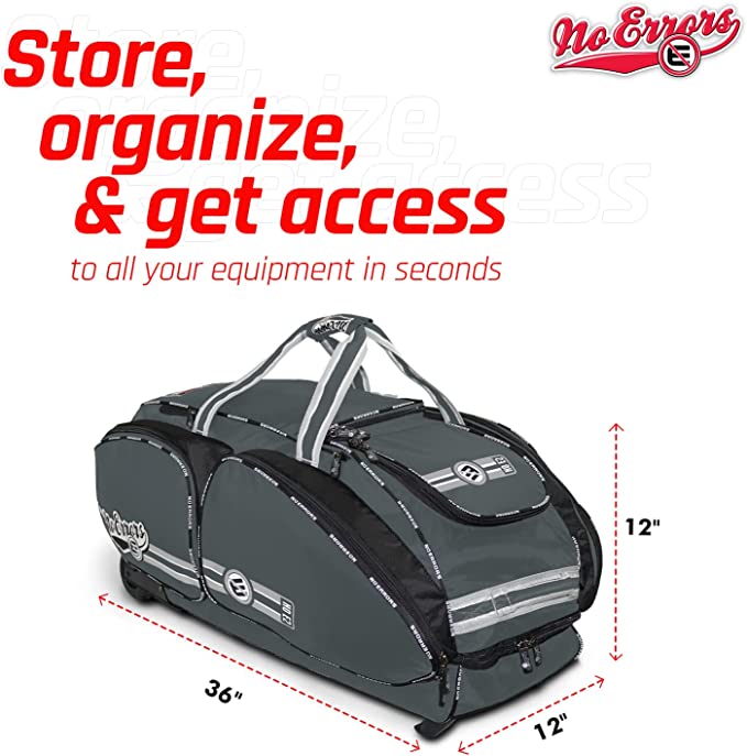 No Error Sports Dinger Baseball Bat Bag with Wheels - Spacious 15 pocket baseball gear bag - Fits 4 Bats, Helmets, Cleats, Gloves - Hangs on Fence