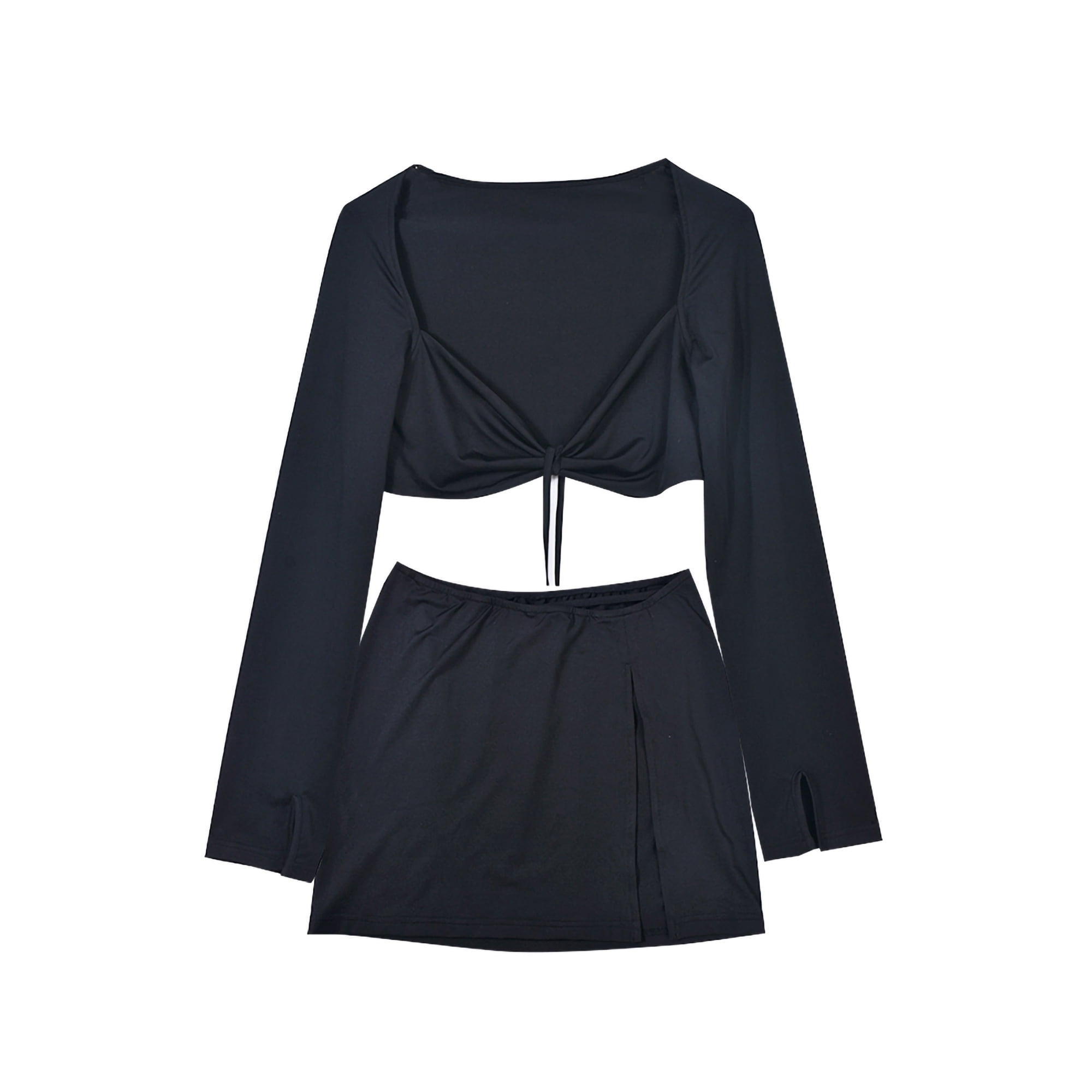 ZAXARRA Fashion Women Going Out Club Outfits Sexy Long Sleeve Dresses Crop Top and Slit Mini Skirt Sets Streetwear Black Two Piece Set