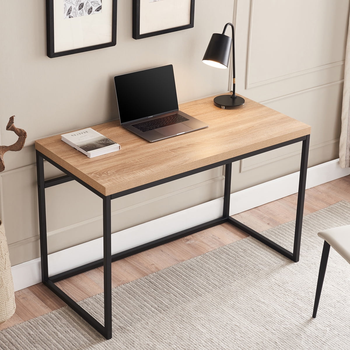 CENSI 47" Computer Desk, Modern Industrial Writing Table with 1.6" Thick Wood Top, Sturdy Metal Frame Home Office Workstation for Study, Bedroom & Living Room, Natural Oak