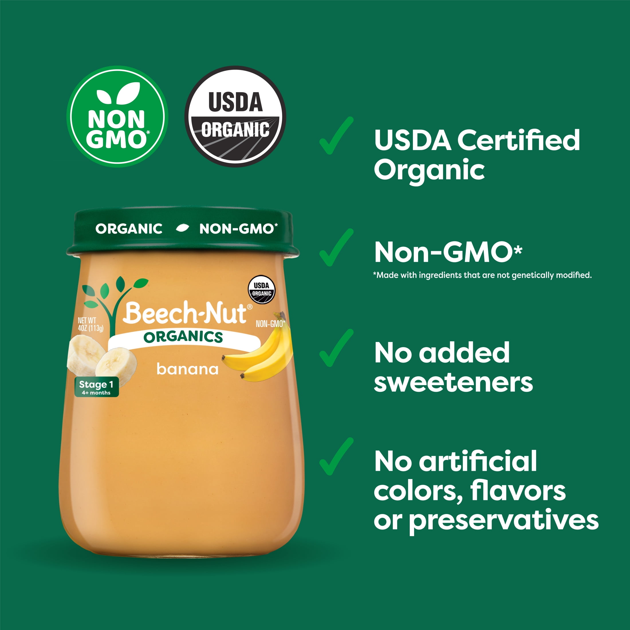 (6 pack) Beech-Nut Organics Stage 1 Organic Baby Food, Banana, 4 oz Jar