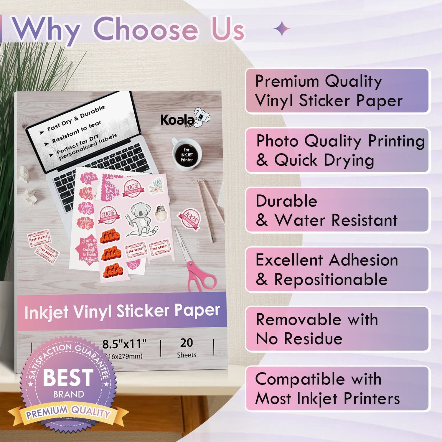 Bundle 140 Sheets - Koala Printable Vinyl Sticker Paper Glossy White Waterproof 20 Sheets + Koala Glossy Sticker Paper for Inkjet Printer 120 Sheets