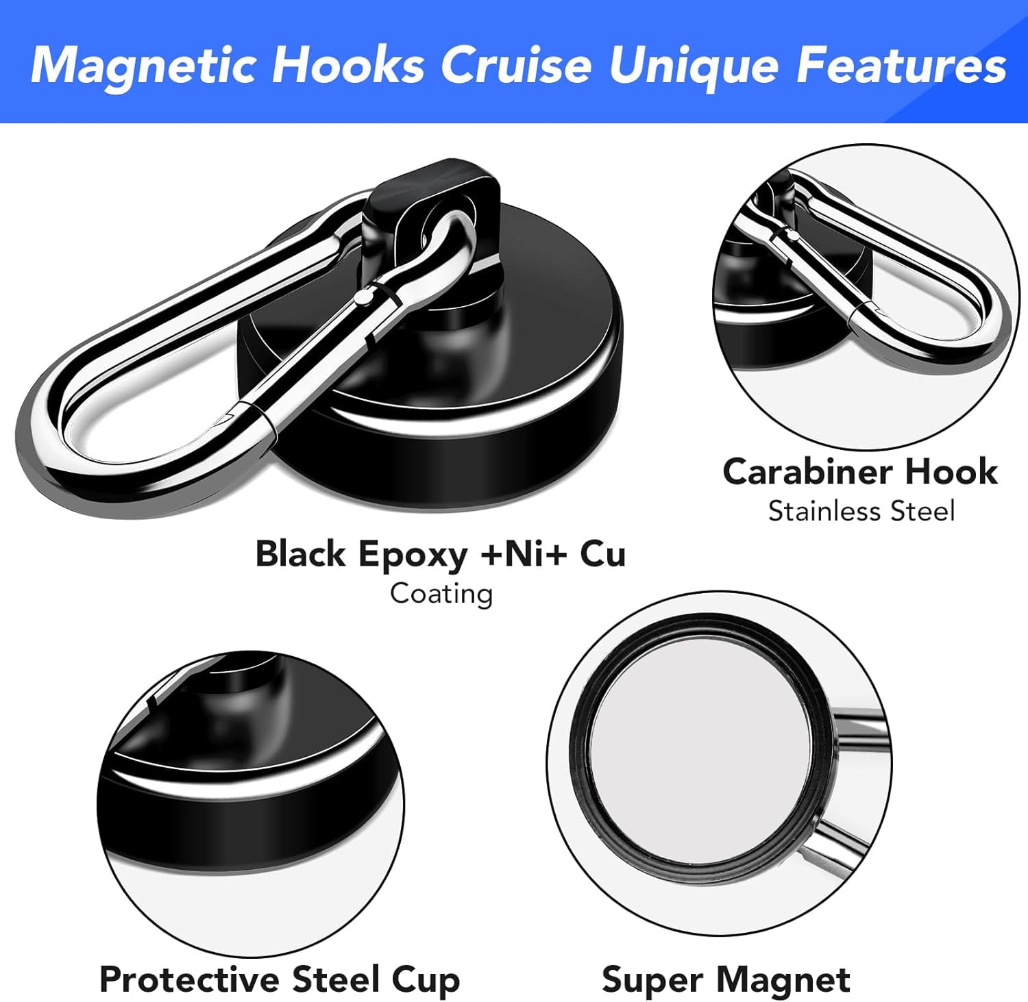MY Strong Magnetic Hooks, 70LBS Magnetic Hooks Heavy Duty Strong Neodymium Magnets with Carabiner Hook, Magnet Hooks with Swivel for Kitchen, Hanging, Cruise, Grill, Refrigerator - 12 Pack Bla