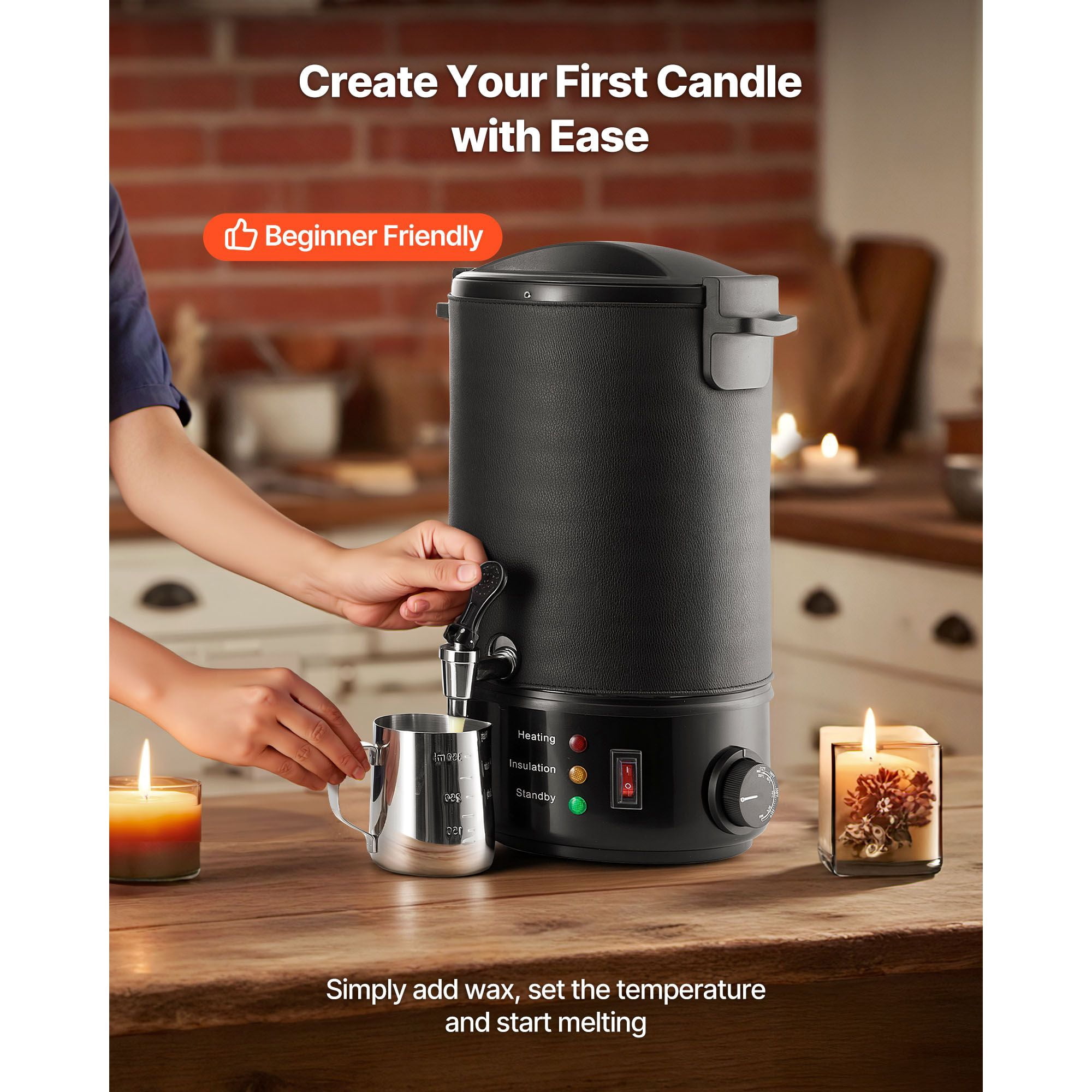 Wax Melter for Candle Making 8.5 Qts, 1100W Fast Heating, 86-230°F Temp Control, Easy Pour Spout, Grooved Base for Soap Cosmetics