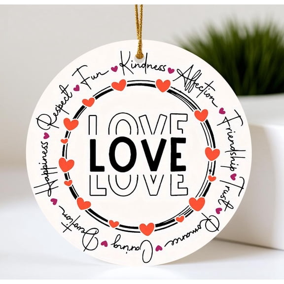 Love Word Art Heart Ceramic Ornament Flat 2D Printed Round Romantic Decoration Valentine Anniversary Gift