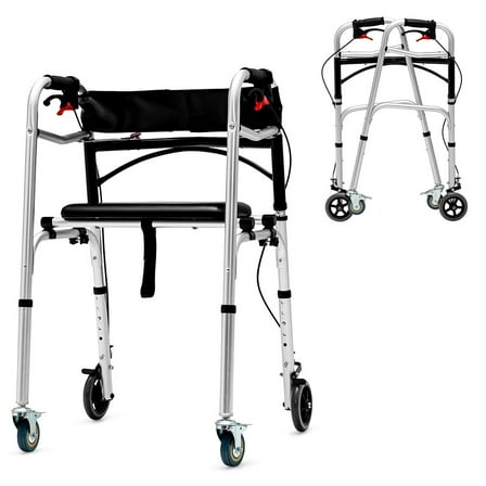 Gymax Standard Walker 2-button Folding Walker w/ 5'' Wheels Trigger Release for Seniors