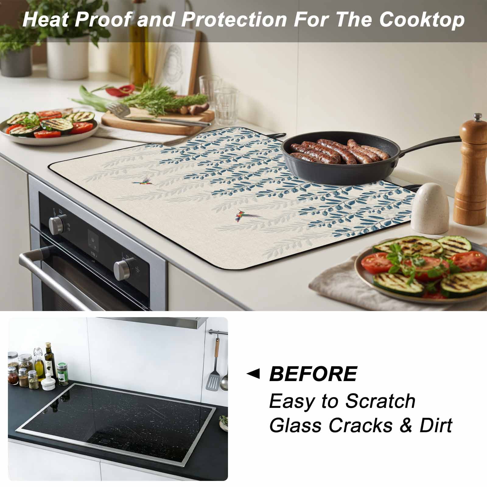 Teal Leaves, Stove Top Cover for Electric Stove, Heat-proof & Non Slip Glass Top Stove Cover Protector, Farmhouse Country Botanical Animal Bird Kitchen Flat Cooktop Rubber Mat 31x24 Inches