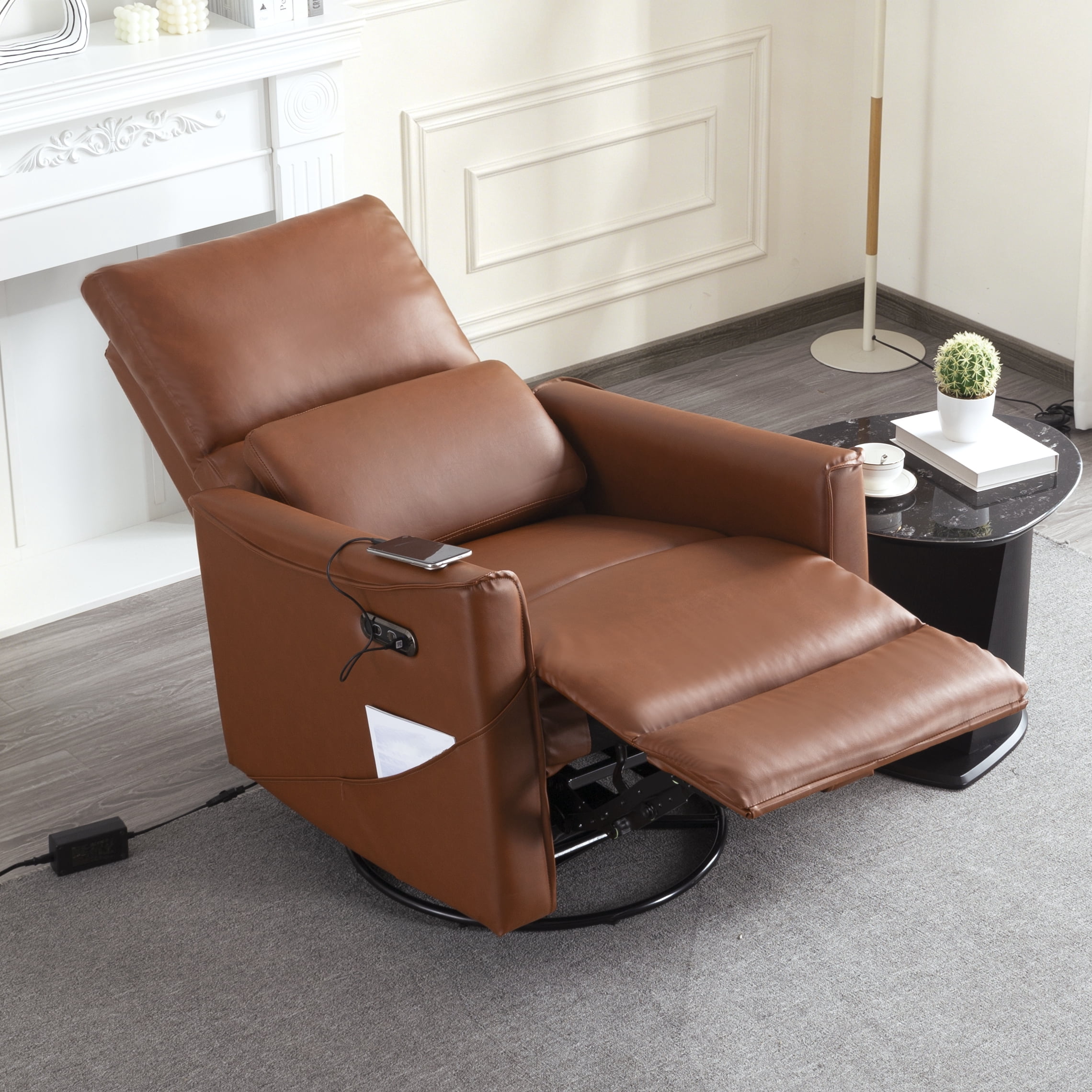 Gewnee 29.13"Power Rocking Recliner Chair,360°Swivel Recliner Chair with USB & Type-C Ports,Adjustable Reclining Positions,PU Swivel Recliner for Living Room,Office,Bedroom.Brown