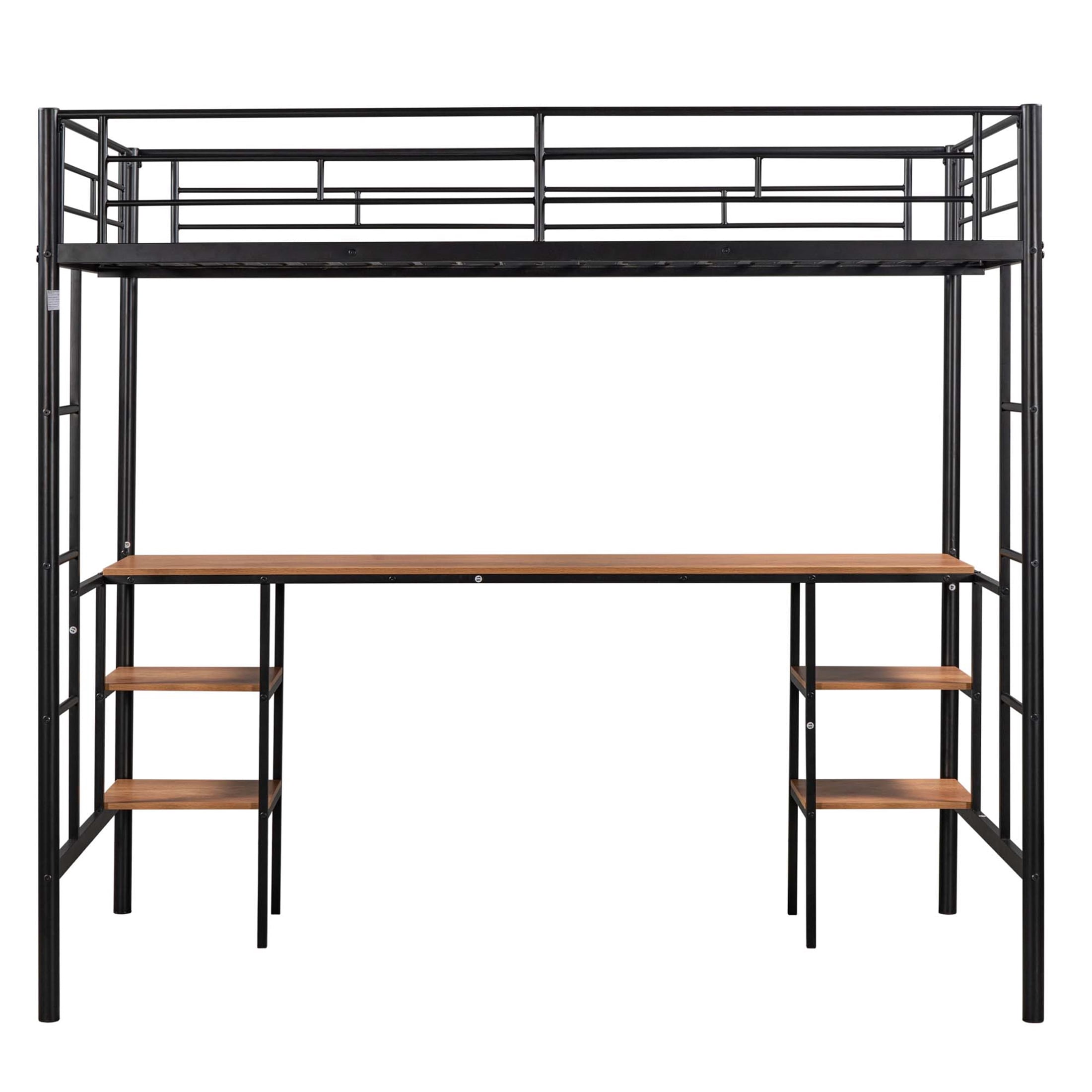 Aukfa Metal Twin Loft Bed with Desk and 4 Tier Bookshelf for Kids Teens Dorm Bedroom, Black
