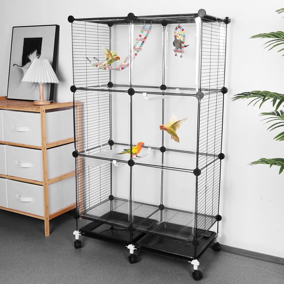 Qiyester 49in Large Wire Mesh Birdcage, Three-Tier Independent Mobile Birdcage with Feeding and Water Tray, Suitable for Canaries and Parrots (Black)