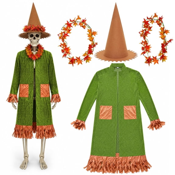 EBaokuup 12 ft Skeleton Fall Costume Set, 4 Pcs Harvest Outfit with Hat & Maple Leaf Garlands for Yard Decor