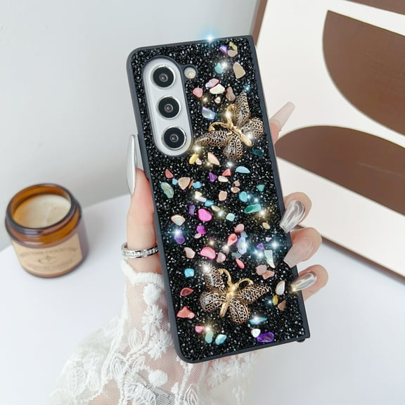 Designed for Samsung Galaxy Z Fold 6 Case Cute for Women Girls, Luxury Sparkle Rhinestone Crystal Chain Bracelet Bling Glitter Diamond Slim Shockproof Cover for Samsung Galaxy Z Fold 6, Black