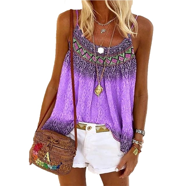 Daeful Débardeur Sans Manches pour Femmes Été Bretelles Spaghetti T-Shirts Bohèmes Violet S