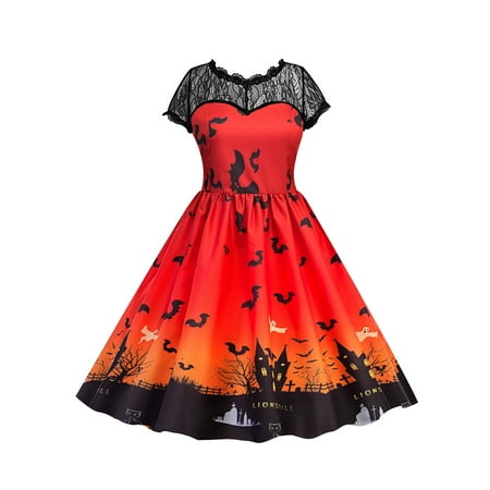 Lace Vintage Dresses for Women Halloween Party Pumpkin Ghost Printed Retro Swing Dress V Back Short Sleeve Pleated Dress