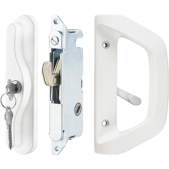 Sliding Glass Door Handle Set with Key Cylinder and Mortise Lock Patio Door Lock Replacement Fits 3-15/16 inch Screw Hole Spacing White White