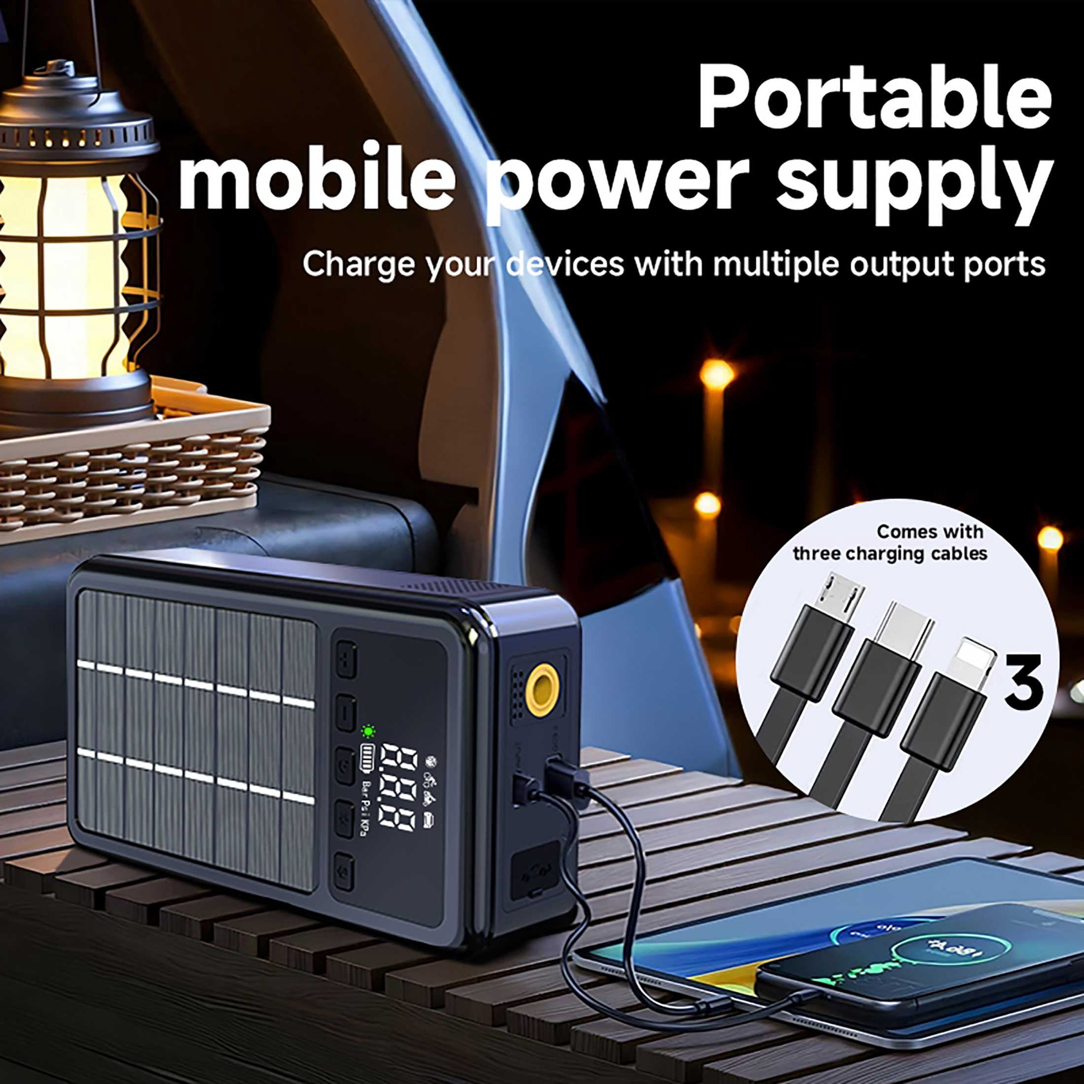 10000mAh Car Jump Starter with Air Compressor Solar charging 150PSI,12V Car Battery Charger Jumper Starter, LED Screen, 3 Modes Flashlight