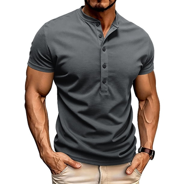 Tops para hombre, blusas y camisas de manga corta con cuello redondo para hombre, jersey informal de medio botón con cuello redondo y manga corta de color liso a la moda para hombre, top de poliéster
