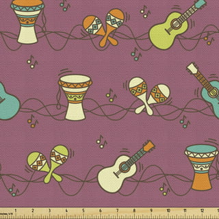 Guitar Fabric by the Yard, Antique Wooden Acoustic Guitars Illustration  Folk Country Music Flamenco Retro Style, Decorative Upholstery Fabric for