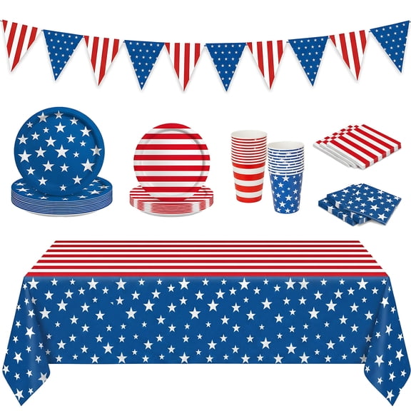 Patriotic Party Tableware Set for 25 with Plates Cups Napkins Tablecloth Banner, 4th of July Memorial Day Disposable Star Stripe Decor Election Day
