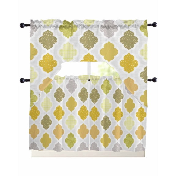 Yellow Orange Moroccan Swag Kitchen Curtains Sets for Windows 24 Inch Length, Vintage Boho Geometric Pattern Gray Short Window Curtain Panels Swags Valances and Tiers 3 Piece Set for Cafe/Dining Room