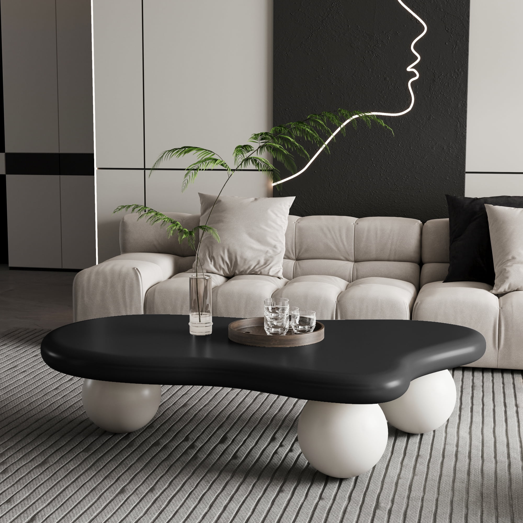 47.2" Cloud Coffee Table for Living Room, Irregular Coffee Table Modern Low Coffee Tables Abstract Faux Stone Cute Center Table with 3 Ball Legs for Small Space Apartment