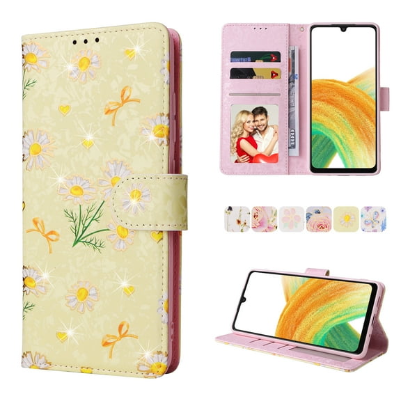 Nalacover Wallet Case for Samsung Galaxy A33 5G, Bling Flower Pattern PU Leather Wrist Strap Handbag Magnetic Clasp Flip Cover with Kickstand Card Slots Holder Soft TPU Shockproof Case,Yellow Daisy