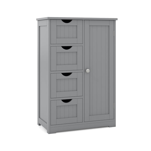 SUGIFT Standing Wooden Storage Cabinet with 4 Drawers and Door, Freestanding Floor Accent Side Organizer for Bathroom Bedroom Entryway, Gray