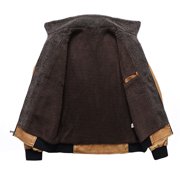 IROINNID Men's Long Sleeve V-Neck Faux Leather Turndown Lapel Short Jacket Solid Color Leisure Plus Velvet Padded Side Seam Pocket Jacket Leather Jacket