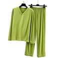 thumbnail image 7 of Women's V-Neck Loungewear Two Piece Set Loose Long Sleeve Top and Straight Leg Full Length Pants Soft Breathable Casual Pajama Set Green, 7 of 7