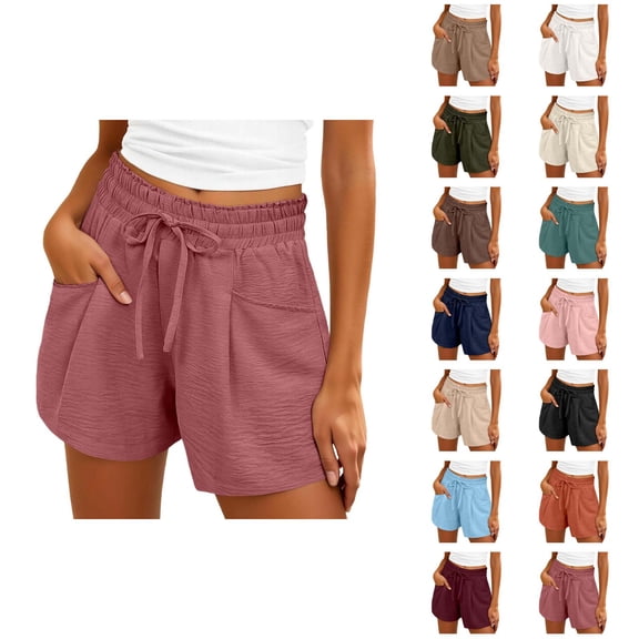Beach Shorts for Women Summer Casual Elastic High Waist Drawstring Lightweight Vacation Shorts with Pockets
