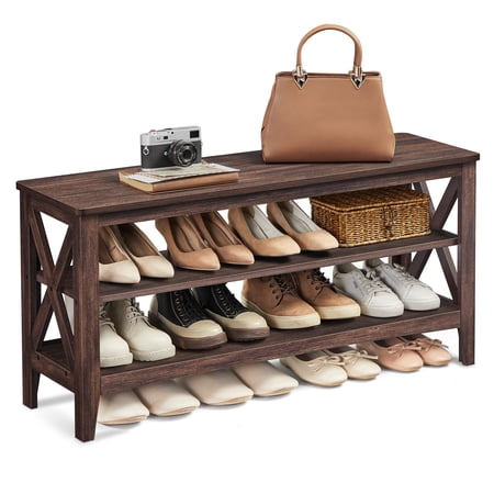 VASAGLE Entryway Storage Bench - 2-Tier Shoe Rack, Farmhouse Style, Honey Brown, Holds up to 600 lb