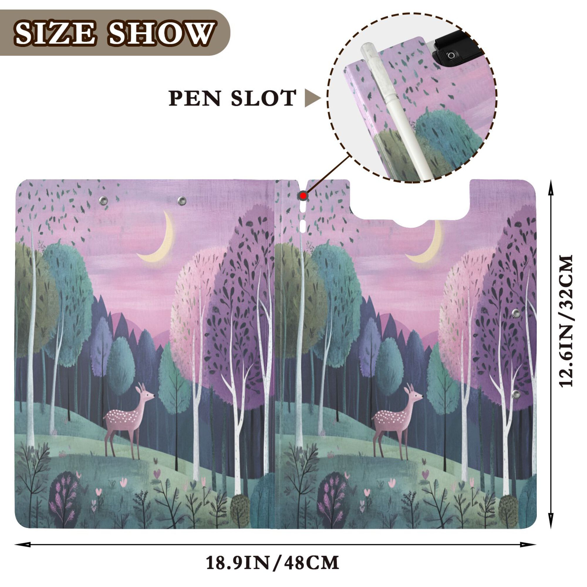 FORMRS A4 Clipboard Folder with Pen Holder Horizontal Foldable School Office Binder, Green Night Deer