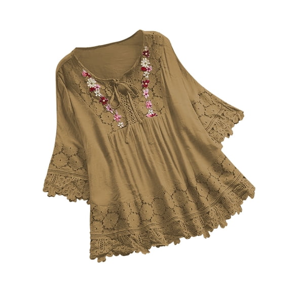 Dasayo Cotton Linen Ladies Tops Babydoll Flared Sleeve Shirts Lace up Vacation Floral Ruffle Tops Women's T-Shirts L