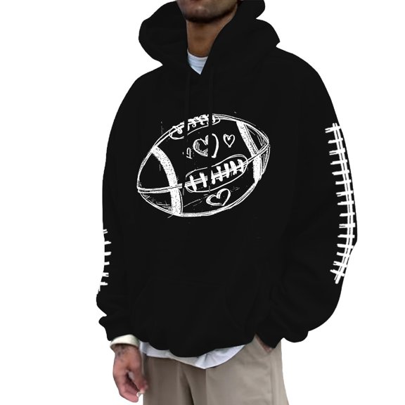 Polyester Men's Pullover Hoodie Football Print Casual Loose Fit Sweatshirt Comfortable Long Sleeve Streetwear Soft for Fall Winter Daily Wear black L