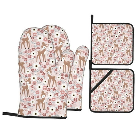

Oven Mitts and Pot Holders 4 pcs Set Cute Deer Daisy Flower Pink Heat Resistant Pot Holders Oven Mitts for kitchen Non-Slip Hanging Loop Oven Glove Potholders for Baking Cooking