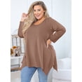 thumbnail image 2 of SHOWMALL Women's Plus Size Tunic Top Long Sleeves, Cocoa Brown 4X Scoop Neck Blouse, Asymmetrical Sharkbite Hem Shirts, Soft Stretchy, Great with Leggings, 2 of 9