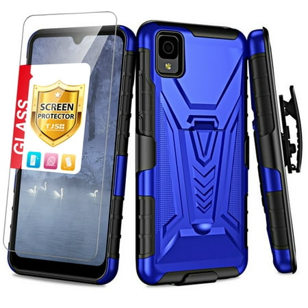 TJS for TCL 30 Z (T602DL) | TCL 30 LE Phone Case, with Tempered Glass Screen Protector, 3 in 1 Combo Belt Clip Holster Impact Resist Rugged Kickstand Cover for Alcatel TCL 30Z / TCL 30L (Blue)
