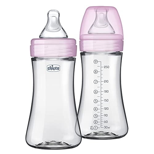 Paquete de 2 Biberones Híbridos Chicco Dúo de 9 oz con Interior de Invinci-Glass/Exterior de Plástico y Tetina Anticólicos de Flujo Lento Rosa